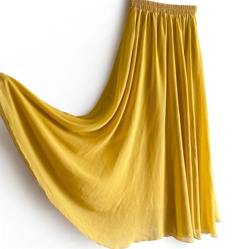 Chiffon Maxi Skirt Womens Size L Boho Sheer Yellow Mustard Elastic Waist